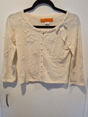 Cynthia Steffe Cream Beaded Bow Cardigan XS